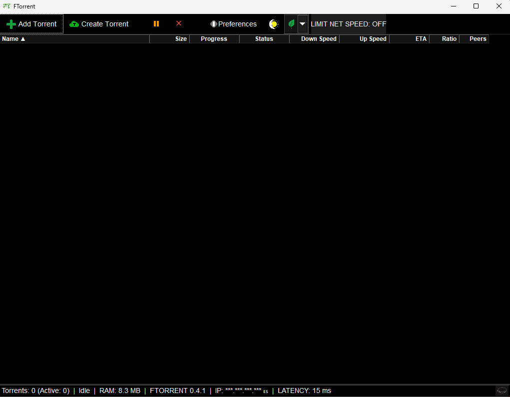 FTORRENT v0.4.1 Interface - Professional Dark Mode Torrent Client